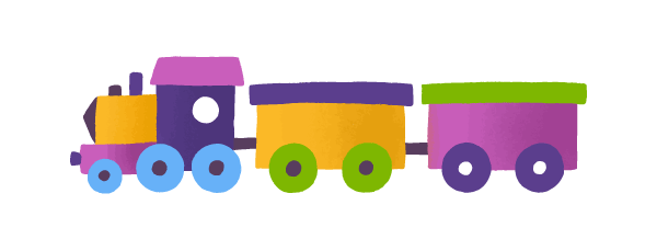 Spielzeugeisenbahn mit einer gelb-violetten Lokomotive.